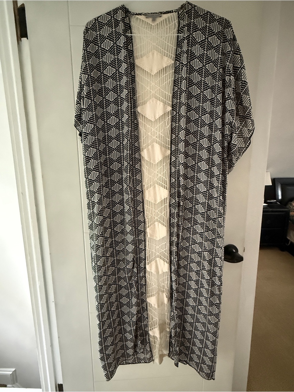 Charlotte Russe Cream Crochet Fringe Cardigan with Black Trim
